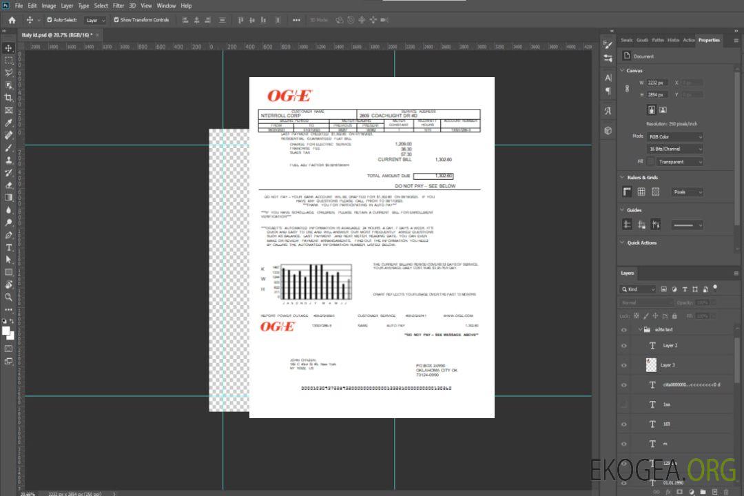 Facture commerciale de service public d'énergie d'Oklahoma OGE SCR template Facture commerciale de service public d'énergie d'Oklahoma OGE SCR template